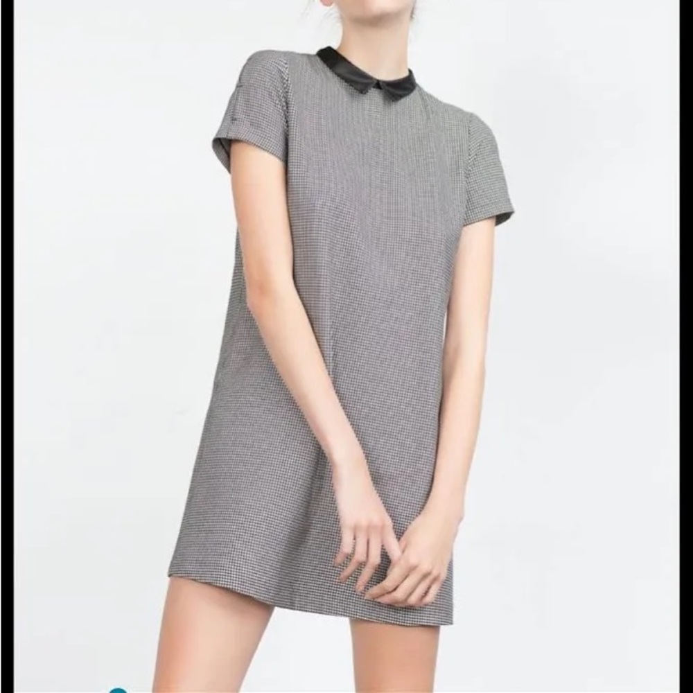 Zara‎ women short sleeve houndstooth aline mini dress faux leather collar